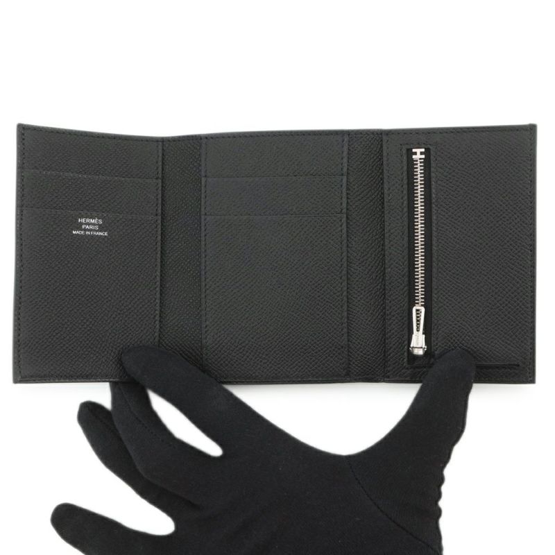 エルメス 三つ折り財布 ベアンコンビネ ブラック/シルバー金具 エプソン K刻印 HERMES 財布 黒