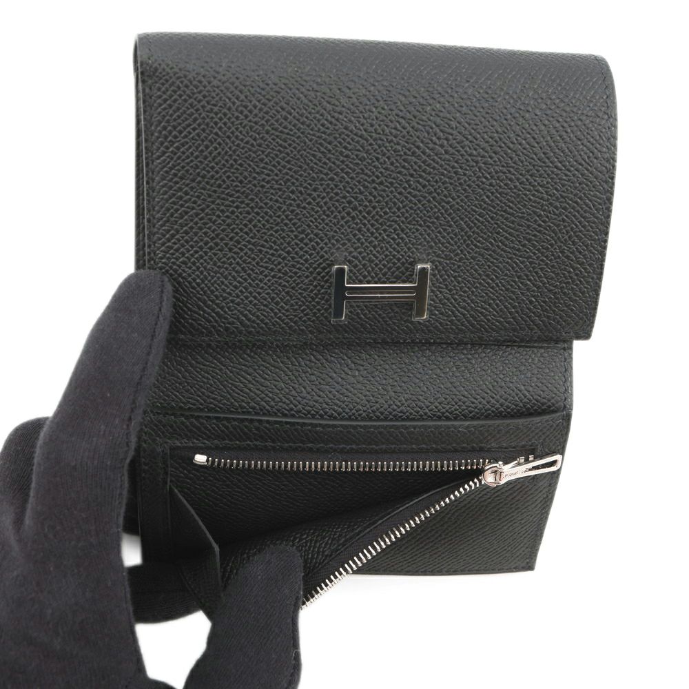 エルメス 三つ折り財布 ベアンコンビネ ブラック/シルバー金具 エプソン K刻印 HERMES 財布 黒