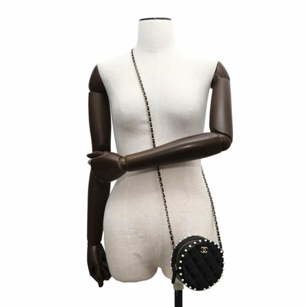 シャネル チェーンショルダーバッグ ココマーク マトラッセ ラウンド フェイクパール ラムスキン AP1050 CHANEL 黒