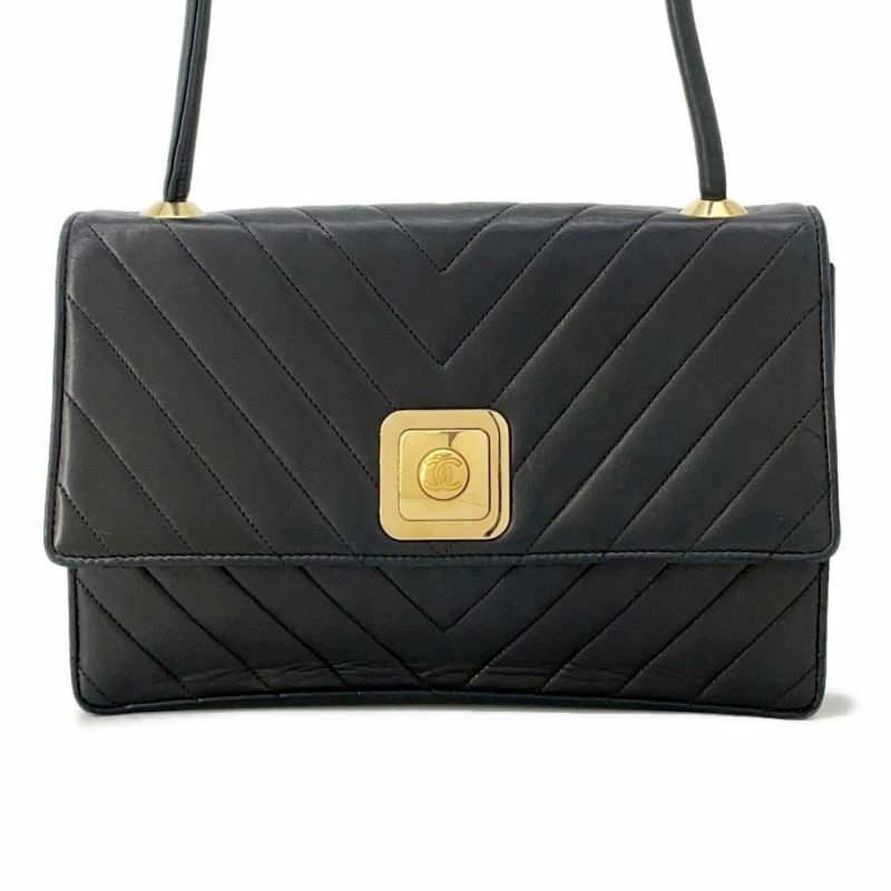 シャネル ショルダーバッグ シェブロン ココマーク ラムスキン CHANEL 黒 ヴィンテージ
