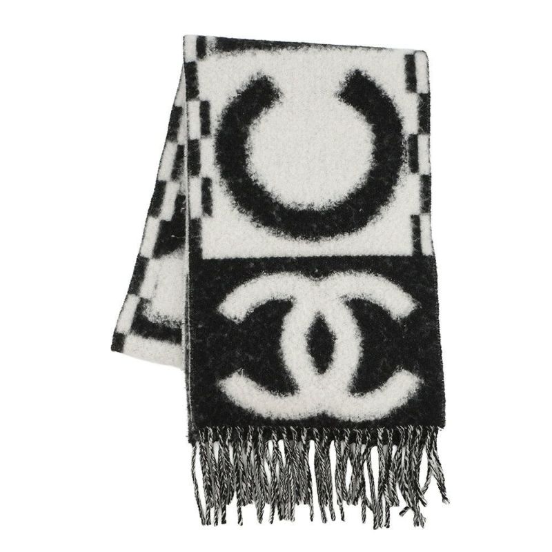 シャネル マフラー ココマーク ロゴ カシミヤ シルク AAA478 CHANEL 黒 白