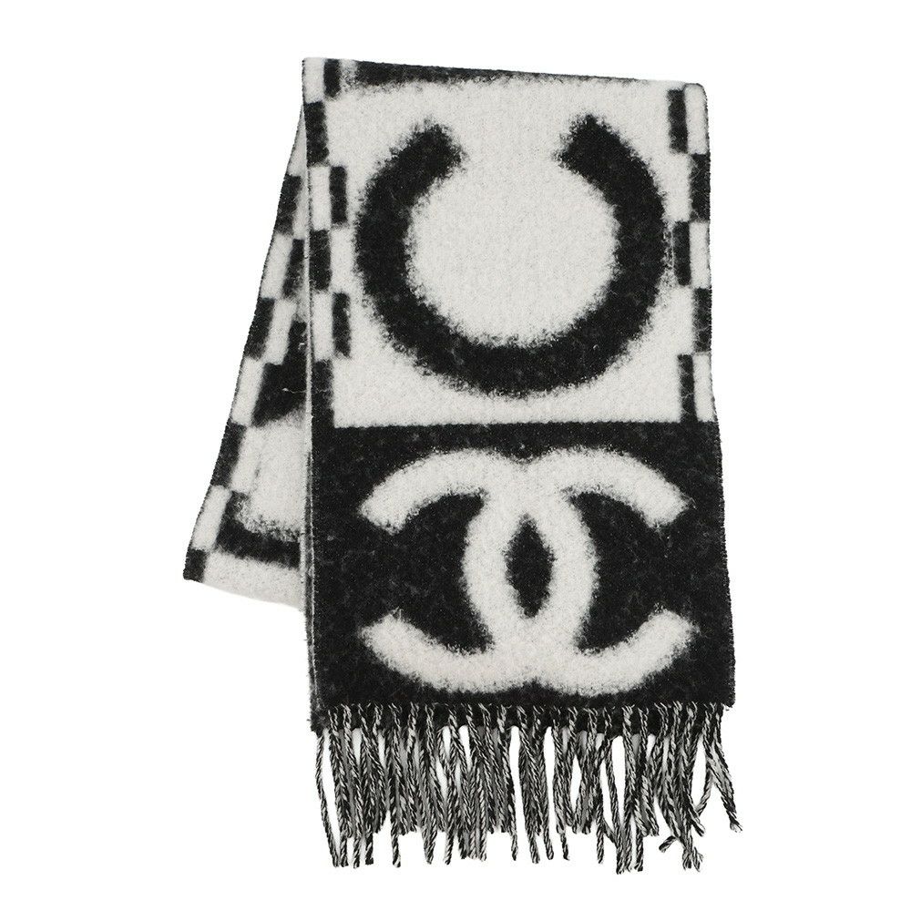 シャネル マフラー ココマーク ロゴ カシミヤ シルク AAA478 CHANEL 黒 白
