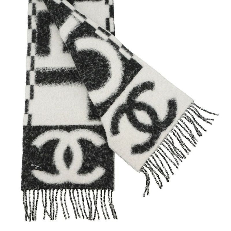 シャネル マフラー ココマーク ロゴ カシミヤ シルク AAA478 CHANEL 黒 白