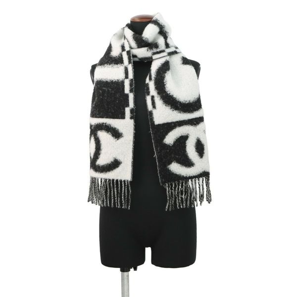 シャネル マフラー ココマーク ロゴ カシミヤ シルク AAA478 CHANEL 黒 白