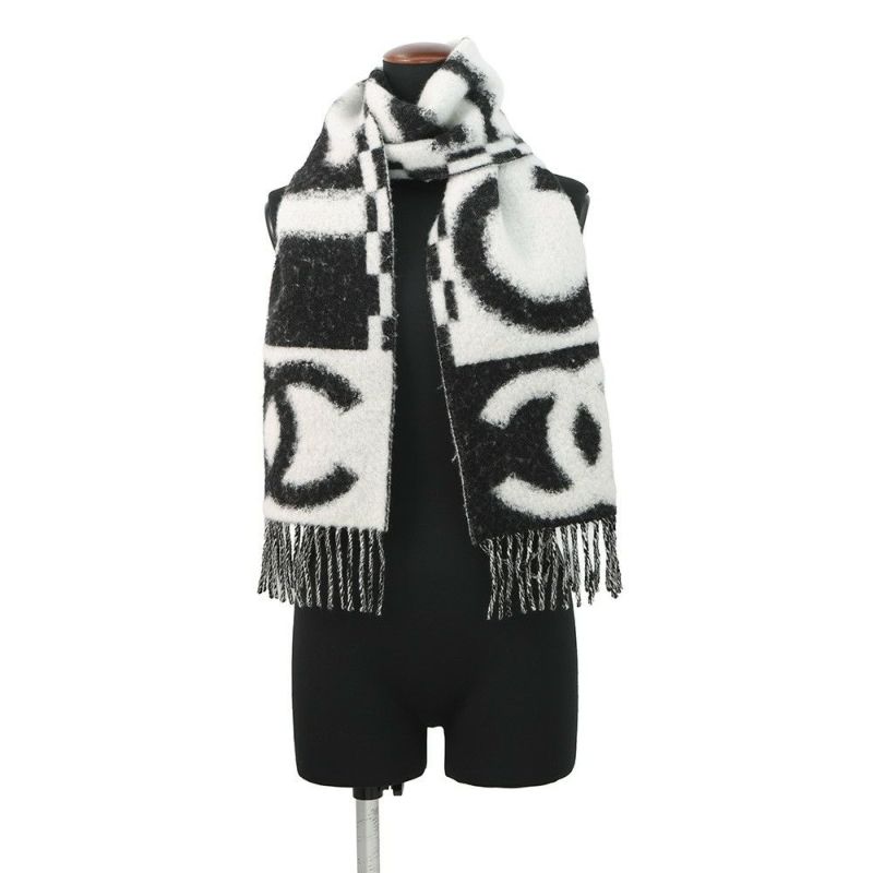 シャネル マフラー ココマーク ロゴ カシミヤ シルク AAA478 CHANEL 黒 白