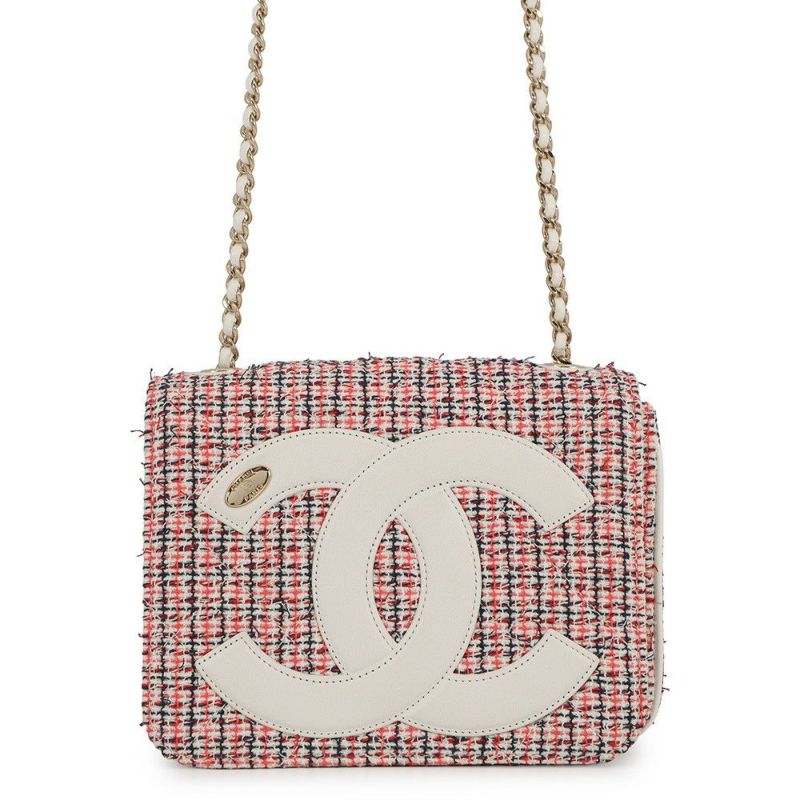 シャネル チェーンショルダーバッグ デカココ ココマーク フルフラップ ツイード/レザー CHANEL 白