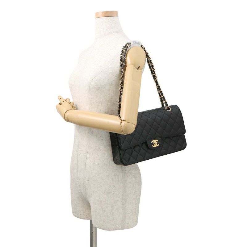 シャネル チェーンショルダーバッグ マトラッセ25 ココマーク ダブルチェーン キャビアスキン A01112 CHANEL 黒