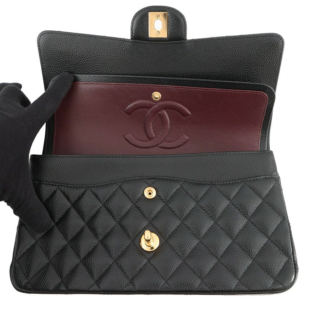 シャネル チェーンショルダーバッグ マトラッセ25 ココマーク ダブルチェーン キャビアスキン A01112 CHANEL 黒