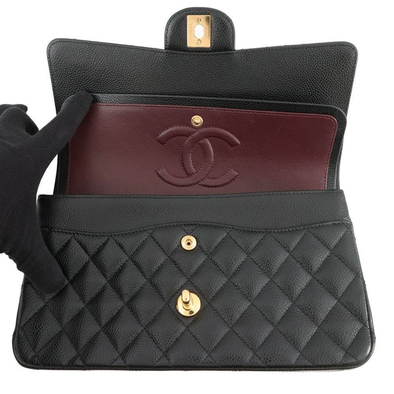 シャネル チェーンショルダーバッグ マトラッセ25 ココマーク ダブルチェーン キャビアスキン A01112 CHANEL 黒