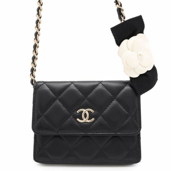 シャネル チェーンウォレット カメリア ラムスキン AP2163 CHANEL 財布 黒