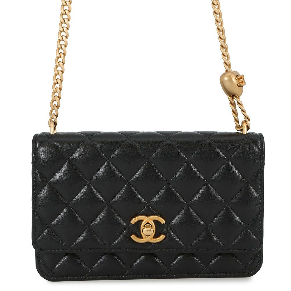 シャネル チェーンウォレット マトラッセ ココマーク ハートチェーン ラムスキン AP3201 CHANEL 黒