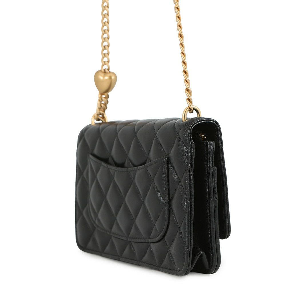 シャネル チェーンウォレット マトラッセ ココマーク ハートチェーン ラムスキン AP3201 CHANEL 黒