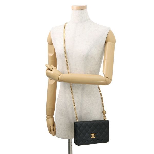 シャネル チェーンウォレット マトラッセ ココマーク ハートチェーン ラムスキン AP3201 CHANEL 黒