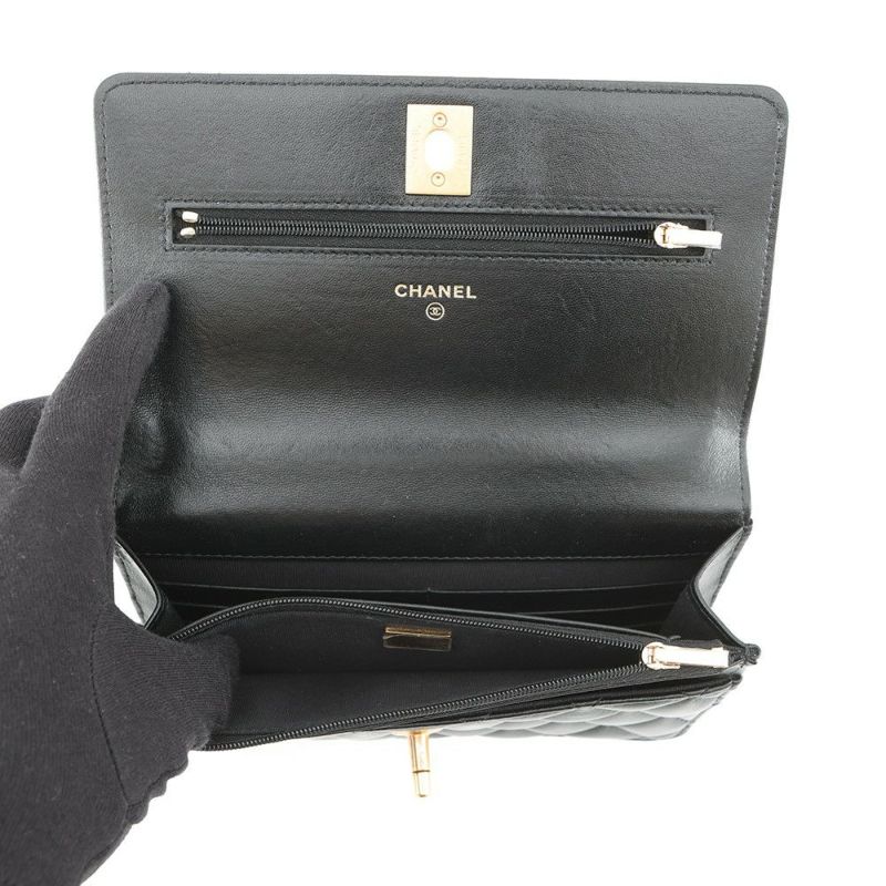シャネル チェーンウォレット マトラッセ ココマーク ハートチェーン ラムスキン AP3201 CHANEL 黒