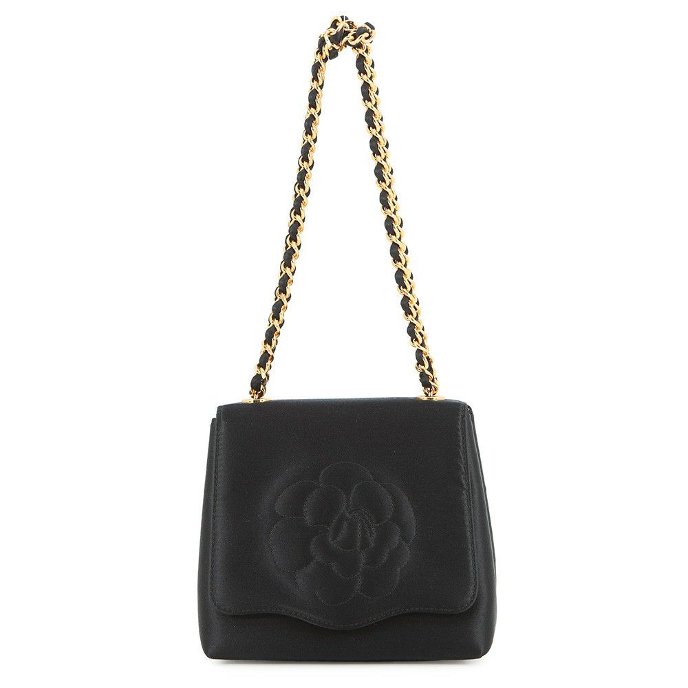シャネル ハンドバッグ 結びチェーン カメリア サテン CHANEL パーティバッグ 黒
