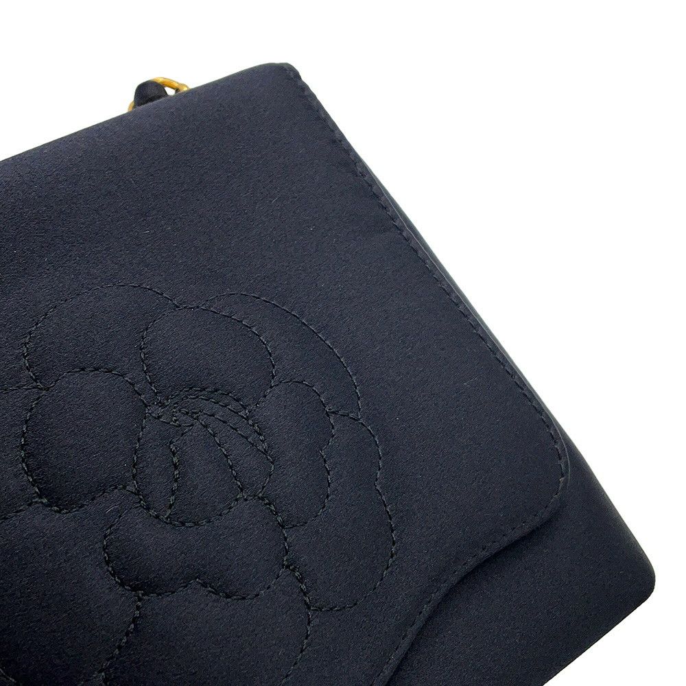 シャネル ハンドバッグ 結びチェーン カメリア サテン CHANEL パーティバッグ 黒