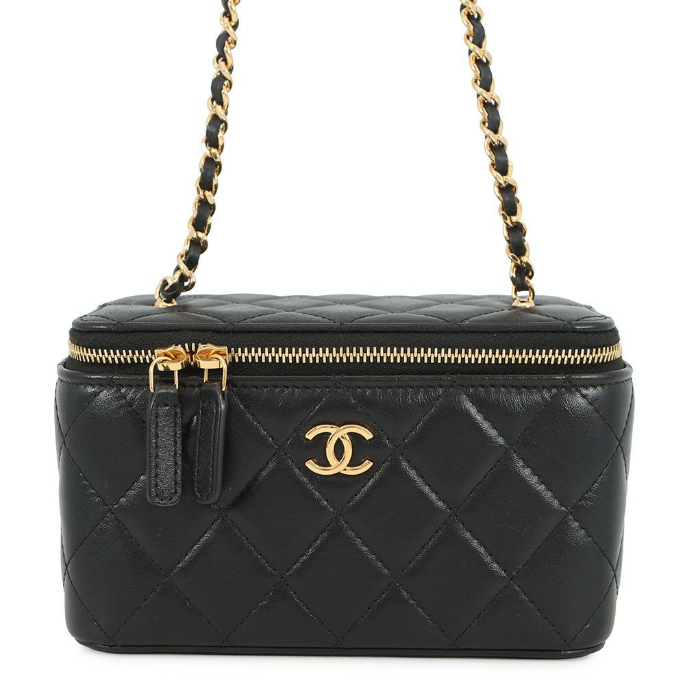 シャネル チェーンショルダーバッグ マトラッセ ココマーク ハートチェーン バニティバッグ ラムスキン CHANEL 黒