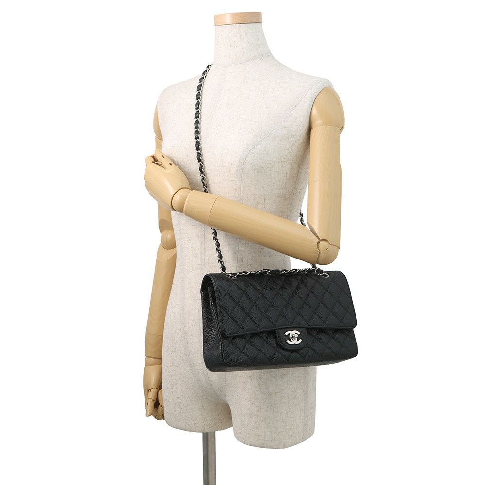 シャネル チェーンショルダーバッグ マトラッセ25 ココマーク ダブルチェーン キャビアスキン A01112 CHANEL 黒