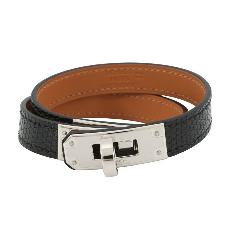 エルメス ブレスレット ケリー ドゥブルトゥール ブラック/シルバー金具 リザード B刻印 サイズT3黒