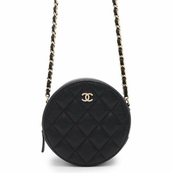 シャネル チェーンショルダーバッグ マトラッセ ココマーク ラウンド キャビアスキン A70657 CHANEL 黒