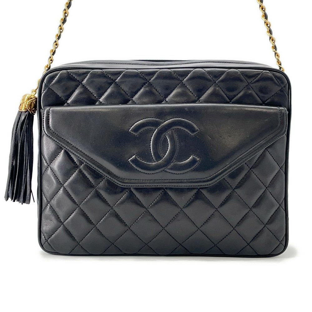 シャネル チェーンショルダーバッグ ココマーク マトラッセ フリンジ ラムスキン CHANEL 黒