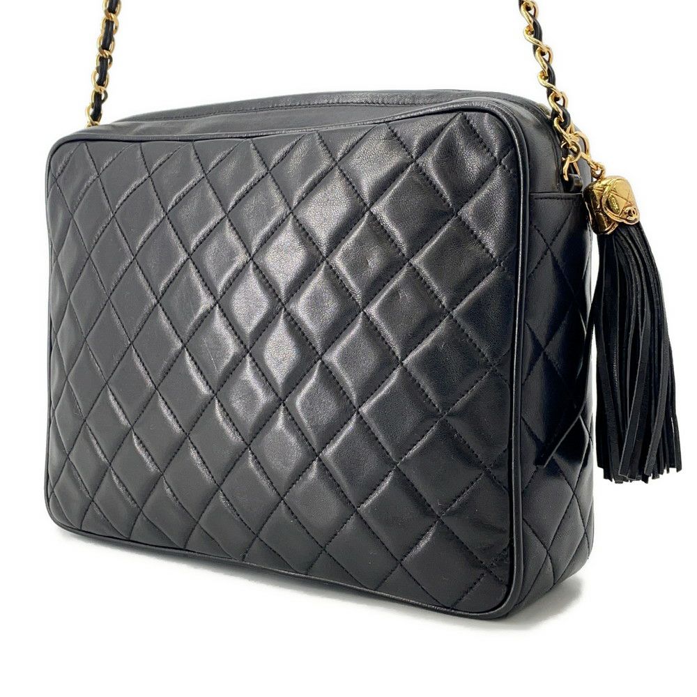 シャネル チェーンショルダーバッグ ココマーク マトラッセ フリンジ ラムスキン CHANEL 黒