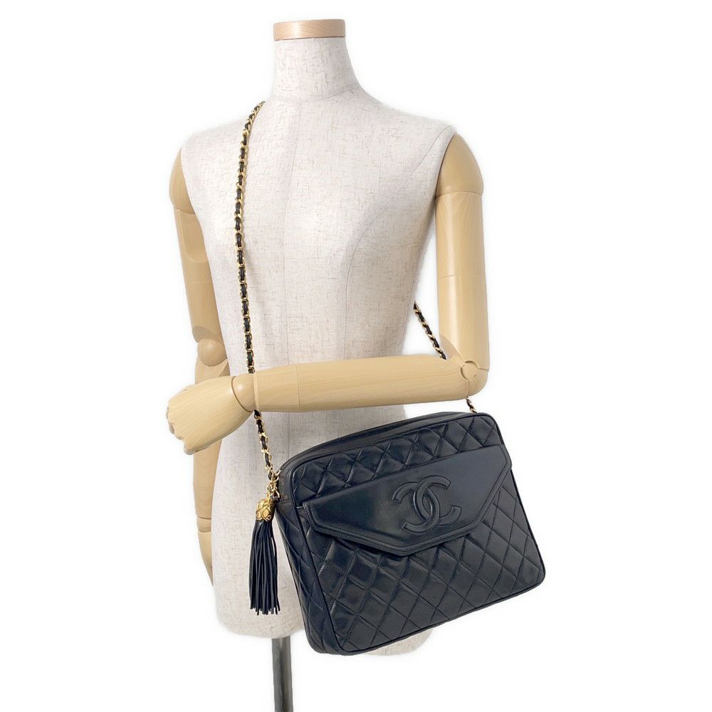 シャネル チェーンショルダーバッグ ココマーク マトラッセ フリンジ ラムスキン CHANEL 黒