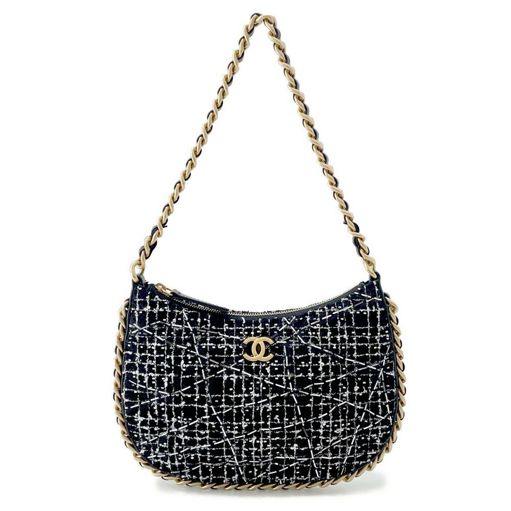 シャネル チェーンショルダーバッグ ココマーク マトラッセ ツイード ホーボーバッグ AS3631 CHANEL ハンドバッグ 黒 白