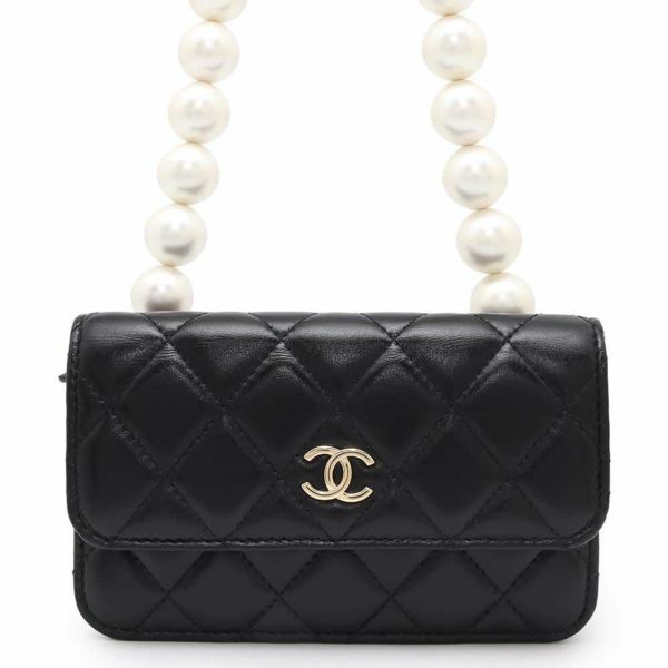 シャネル パールチェーンショルダーウォレット マトラッセ ココマーク ラムスキン AP1839 CHANEL 黒