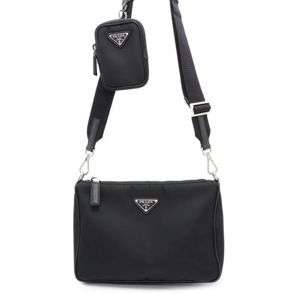 プラダ ショルダーバッグ ミニポーチ付き Re-Nylon xサフィアーノ ナイロン/レザー 2VH113 PRADA 斜め掛け 黒