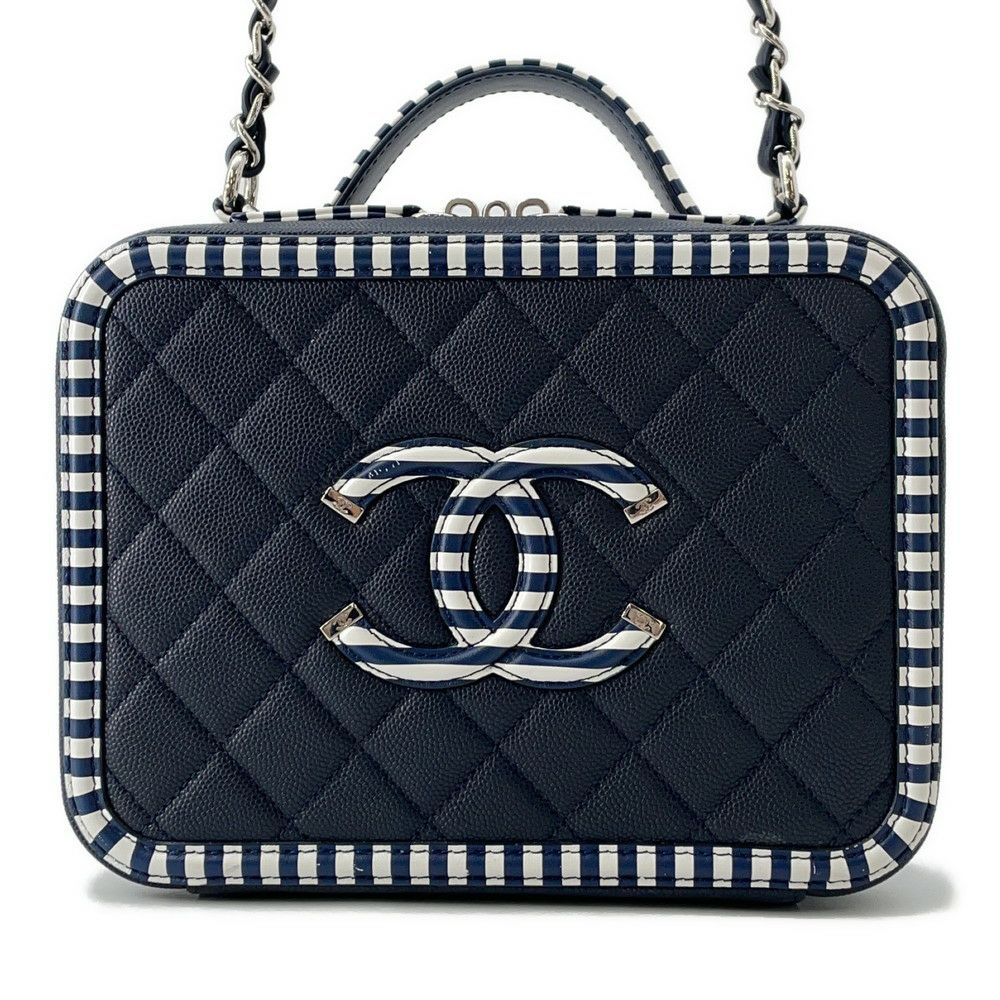 シャネル チェーンショルダーバッグ CCフィリグリー ボーダー バニティバッグ キャビアスキン A93343 CHANEL 白