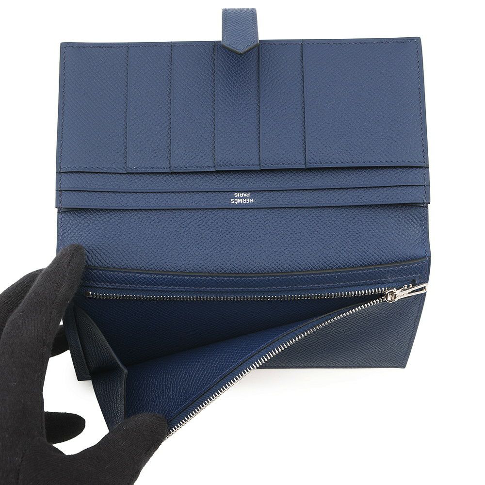 エルメス 長財布 ベアンスフレ ブルーサフィール/シルバー金具 エプソン K刻印 財布