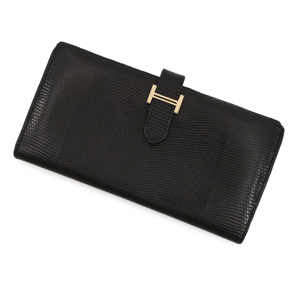 エルメス 長財布 ベアンクラシック ブラック/ゴールド金具 リザード □E刻印 HERMES 財布 黒