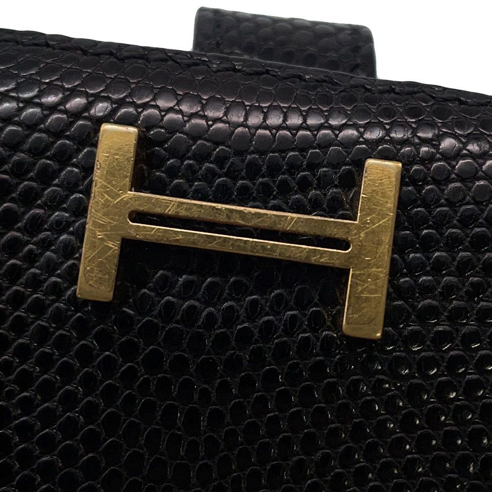 エルメス 長財布 ベアンクラシック ブラック/ゴールド金具 リザード □E刻印 HERMES 財布 黒