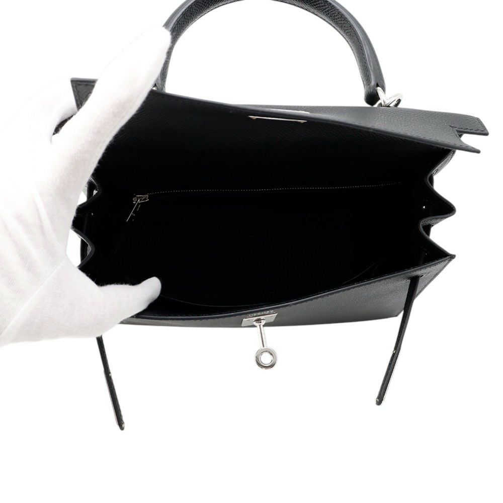 エルメス ハンドバッグ ケリー25 外縫い ブラック/シルバー金具 エプソン W刻印 ２wayショルダー 黒