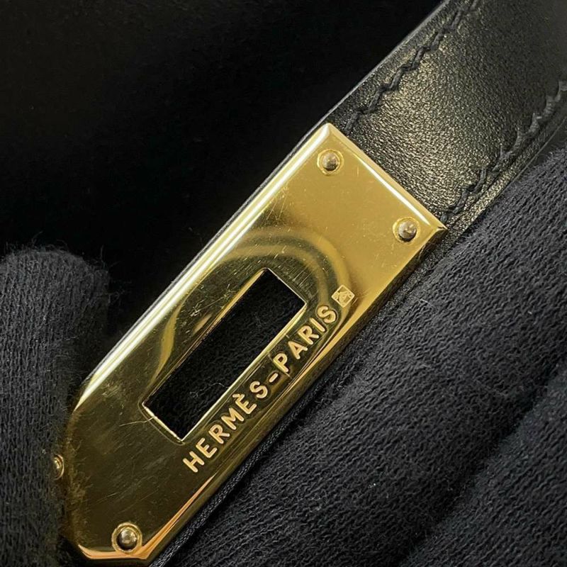 エルメス ハンドバッグ ケリー28 外縫い ブラック/ゴールド金具 ボックスカーフ □D刻印 2wayショルダー 黒