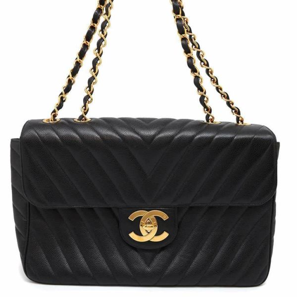 シャネル チェーンショルダーバッグ Vステッチ ココマーク キャビアスキン CHANEL 黒