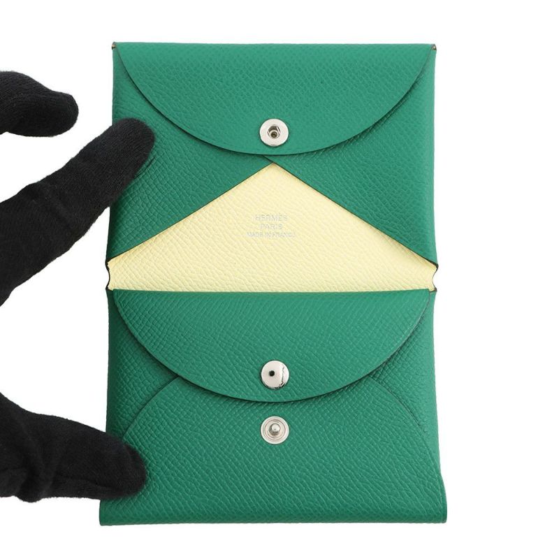 エルメス コインケース カルヴィ デュオ ヴェルソ ヴェールヴェルティゴ/ジョーヌミルトン/シルバー金具 エプソン W刻印 財布