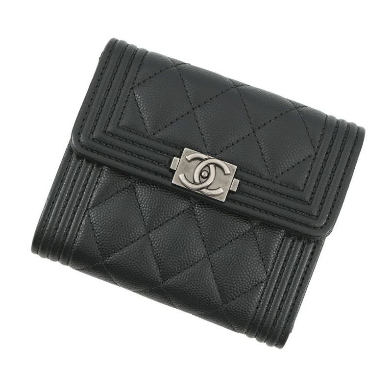 シャネル 三つ折り財布 ボーイシャネル ココマーク マトラッセ ウォレット キャビアスキン A80734 CHANEL 財布 黒