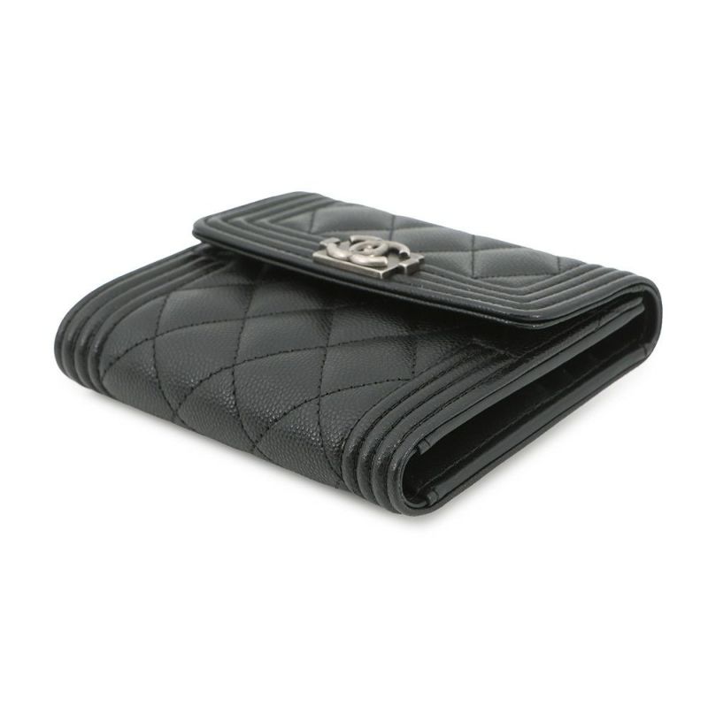 シャネル 三つ折り財布 ボーイシャネル ココマーク マトラッセ ウォレット キャビアスキン A80734 CHANEL 財布 黒
