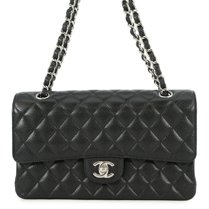 シャネル チェーンショルダーバッグ マトラッセ25 ココマーク ダブルチェーン キャビアスキン A01112 CHANEL 黒