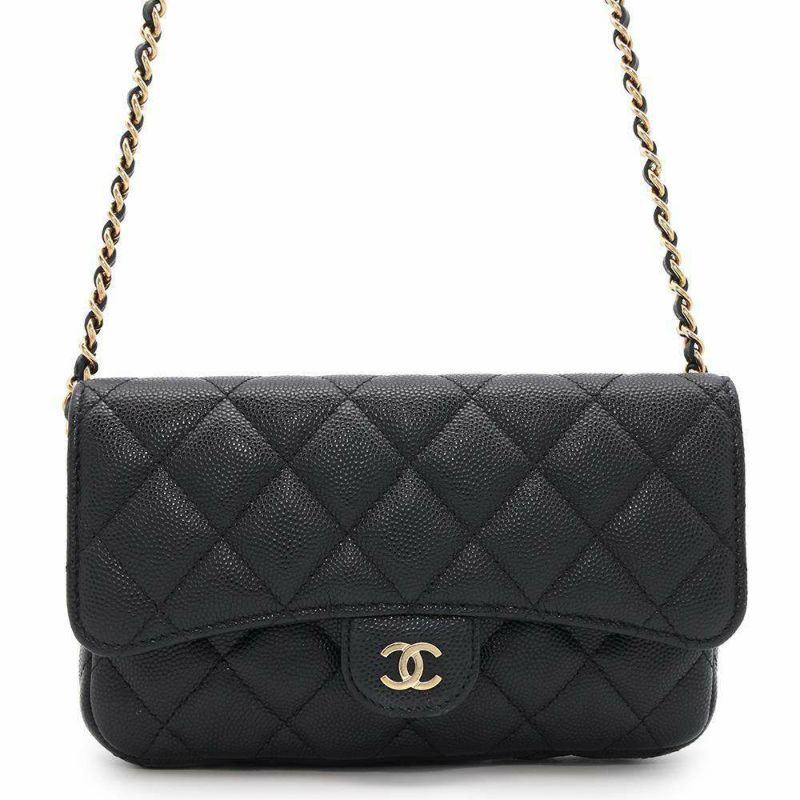 シャネル チェーンショルダーバッグ フラップ フォンケース マトラッセ ココマーク キャビアスキン AP2096 ポシェット 黒