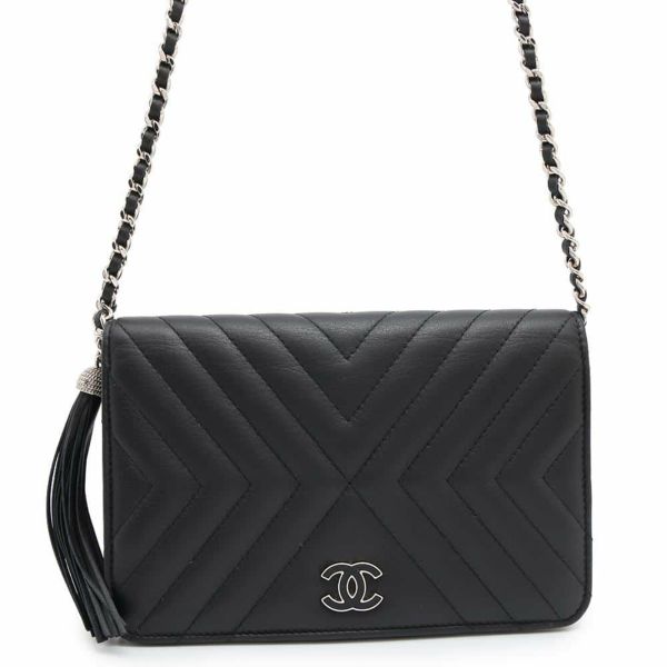 シャネル チェーンウォレット シェブロン Vステッチ ココマーク カーフレザー A84444 CHANEL 財布 黒