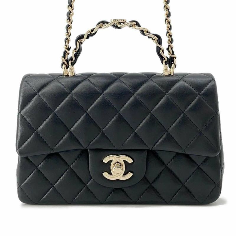 シャネル チェーンショルダーバッグ マトラッセ ココマーク トップハンドル ミニ メタリック グレインド カーフスキン AS2431 CHANEL 黒