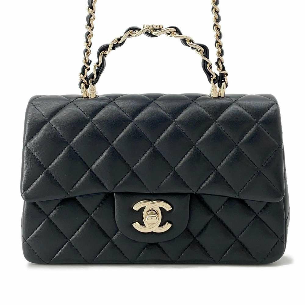 シャネル チェーンショルダーバッグ マトラッセ ココマーク トップハンドル ミニ メタリック グレインド カーフスキン AS2431 CHANEL 黒