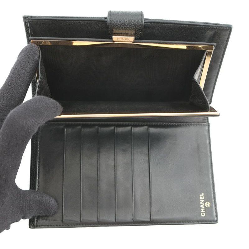 シャネル 長財布 ココマーク がま口 ロングウォレット キャビアスキン CHANEL 黒