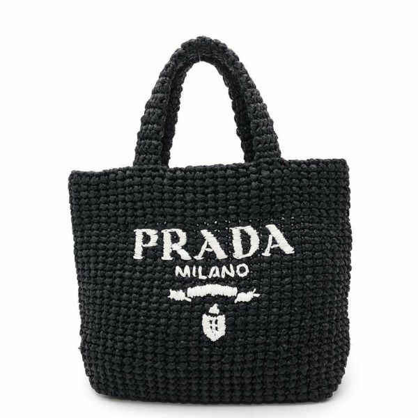 プラダ トートバッグ クロシェ スモール ロゴ ラフィア 1BG422 PRADA ハンドバッグ 黒