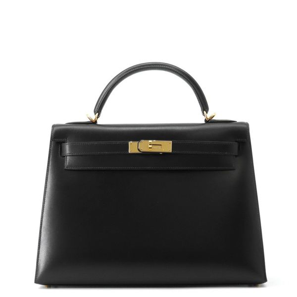 エルメス ハンドバッグ ケリー32 外縫い ブラック/ゴールド金具 ボックスカーフ □D刻印 ２wayショルダー 黒