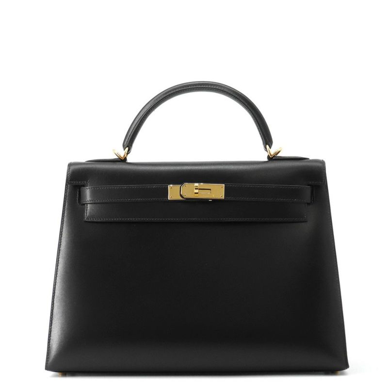 エルメス ハンドバッグ ケリー32 外縫い ブラック/ゴールド金具 ボックスカーフ □D刻印 ２wayショルダー 黒