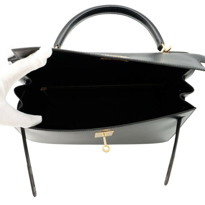 エルメス ハンドバッグ ケリー32 外縫い ブラック/ゴールド金具 ボックスカーフ □D刻印 ２wayショルダー 黒